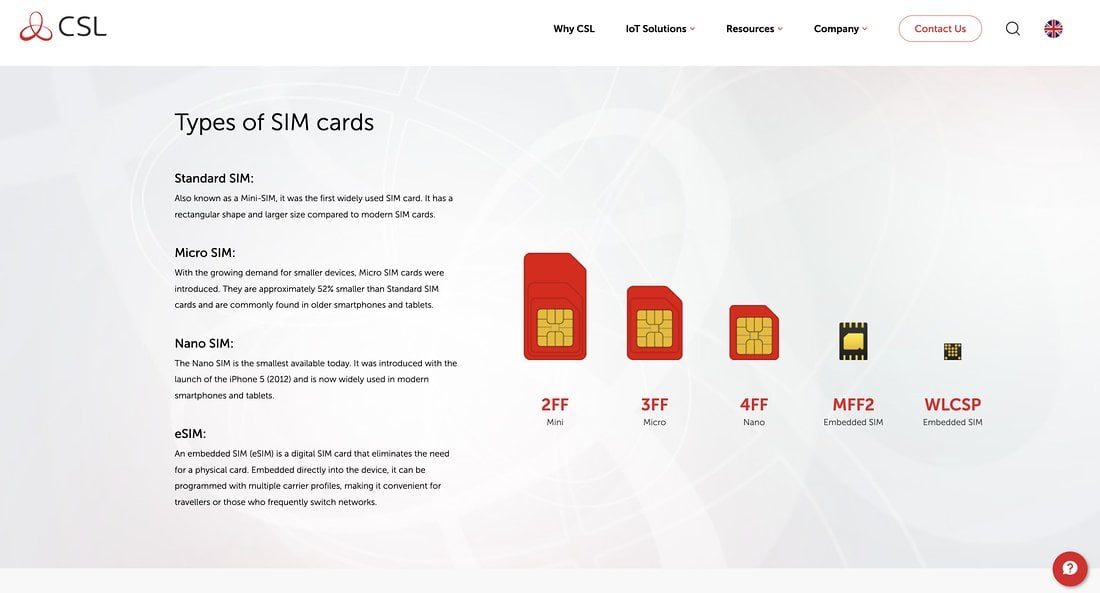 CSL Types of SIM Cards informational page by Slick Digital