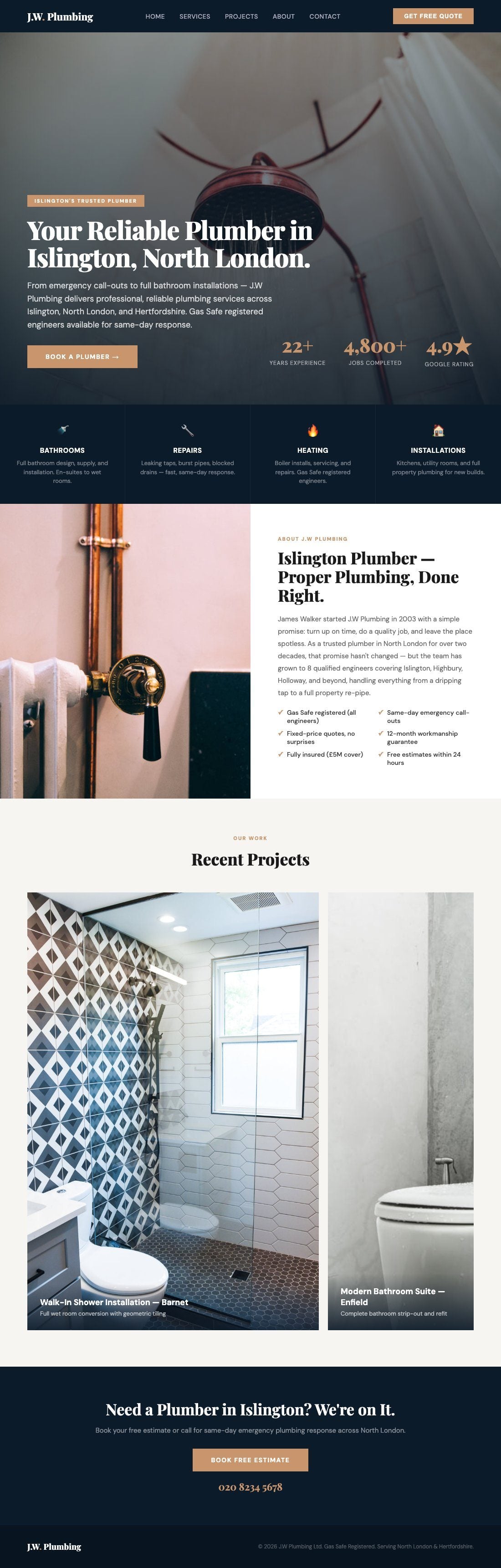 J.W Plumbing website designed by Slick Digital — expert plumbing services North London