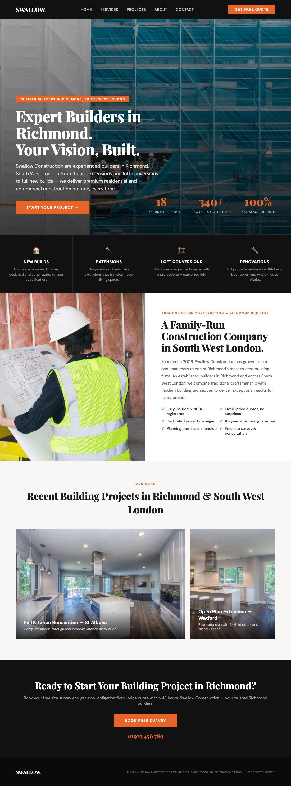 Swallow Construction website designed by Slick Digital — premium residential and commercial builder